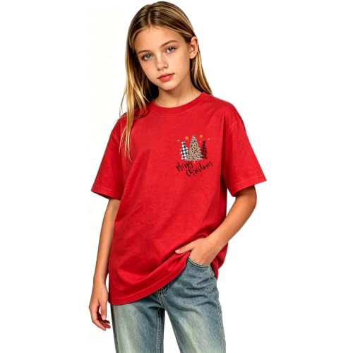 Girls Christmas Shirts Leopard Plaid Tree Print Shirt Holiday Tops Xmas Tee - image 2