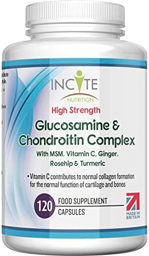 Glucosamine and Chondroitin High Strength Complex with MSM, Vitamin C, Ginger, Rosehip & Turmeric - 120 Premium Capsules Joint Care Supplements Made in The UK by Incite Nutrition