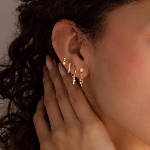 Image of Gold Earrings for Women, 14k Gold Plated Dangle Huggie Earrings for Women Trendy Dainty Gold Hoop Earring Stacks Hypoallergenic Pearl Chain Drop Cartilage Earring Fashion Womens Jewelry