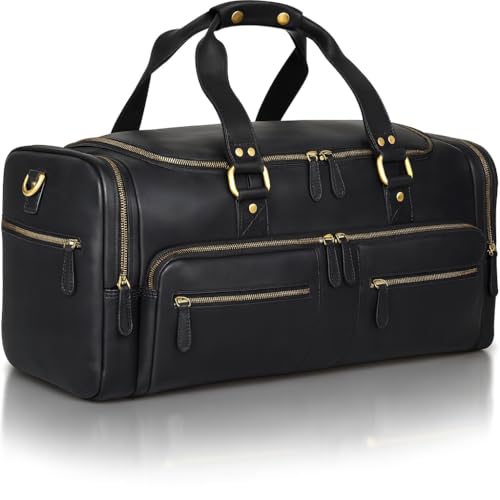 Luxorro Full Grain Leather Duffle Bag for Men | TSA Approved 22x14x9 Carry On Luggage | 22 Inch, 45L Capacity | Overnight Weekender & Travel Duffel | Black