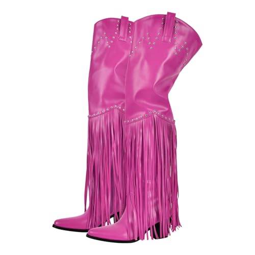 Image of richealnini Western Thigh High Cowboy Boots with Fringe Over Knee Wide Calf Cowgirl Boots