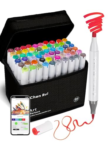 Chen Rui 60 Colours Alcohol Markers Brush Tip with Free App Dual Tips Blender Colouring Pens for Adults Alcohol Based Markers Dual Tips for Painting Sketching Drawing