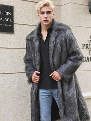 Image of FTIMILD Men's Long Faux Fur Coat Single Breasted Warm Winter Trench Coat Fluffy Thick Overcoat