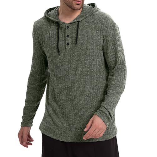 Men's Long Sleeve Sweatshirt Henley with Buttons Ribbed Knit Hoodie Pullover Casual Comfortable Hooded