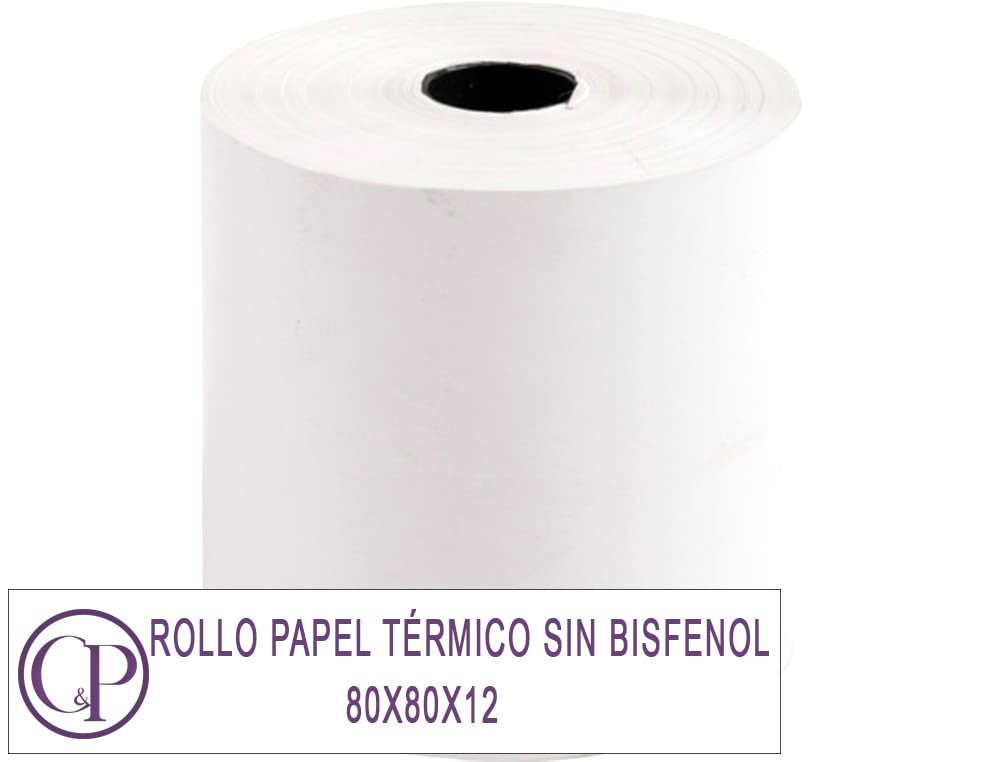 C&P Rollos Papel Térmico 80x80x12 mm para Sumadora Impresora TPV, Sin Bisphenol A (8 unidades)
