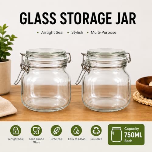 Image of Vasukie 750ML Glass Jars With Airtight Leak Proof Lids | Wide Mouth Storage Canister Jars Perfect for Kitchen Canning, Dry Food, Spices, Pickle, Coffee, Tea, Snacks, Sugar, and More (Pack of 4)