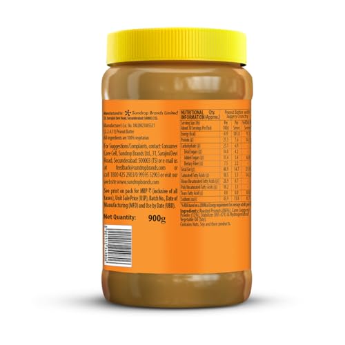 Image of Sundrop Peanut Butter with Jaggery | Crunchy | 900 grams | With 25% Protein | 7.5% Dietary Fibre | Premium Roasted Peanuts | Great Value Per Gram of Protein I No refined sugar