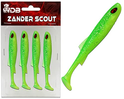 Wild Devil Baits Zander Scout Gummifisch Shad Zanderköder (Green Flash, 10cm)