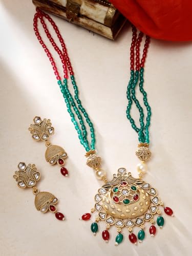 Image of Adiva Stylish Traditional Gold-Plated Kundan Stone Studded & Pearls Handcrafted Necklace with Earrings Jewellery Set for Women & Girls
