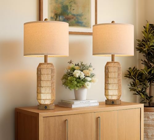 Image of OYEARS 25 inch Table Lamps Set of 2 with Night Light,Bedside Lamps for Bedroom,Boho Lamps with USB C+A Charging Ports,Farmhouse Table Lamp with Rattan,Frosted Glass,Linen Shade (Wood Grain,Bulb Included)