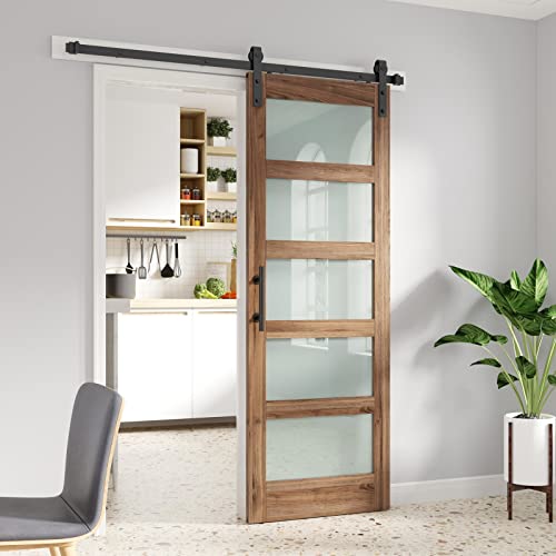 Image of FREDBECK 32 x 84 inch Glass Barn Door with 5.5FT Barn Door Hardware Kit & Handle Included,5-Panel Frosted Glass,Water-Proof Surface,Pre-Drilled Holes,Need Assembly