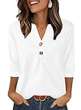 Aokosor Womens 3/4 Sleeve Tops Ladies Blouse V Neck Tunic Long Sleeve T Shirts Curved Hem Office Wear White Top Plus Size 18-20 for UK