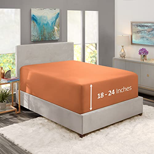 Image of Hearth & Harbor Extra Deep Pocket Queen Fitted Sheet - Fits 18 to 24 Inch Mattress - Ultra Soft 1800 Microfiber, Wrinkle-Free & Breathable - Hotel Luxury Fitted Sheet Only, Rust