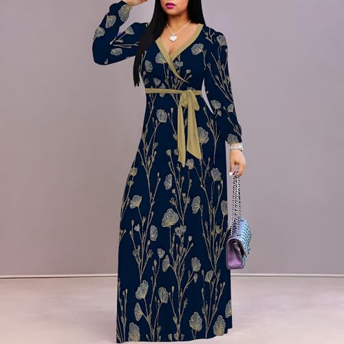 Image of PinkPatty Women's Print Maxi Dresses 3 /4 Sleeve Flowy Long Dress V Neck Wrap Tie Waist Sundress