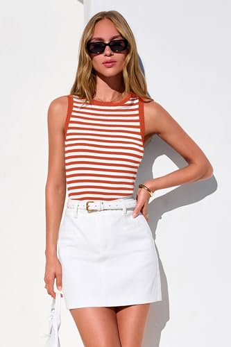 Image of PRETTYGARDEN Summer High Neck Striped Tank Tops for Women Casual Sleeveless Sweaters Basic Ribbed Knit Slim Fitted Shirts