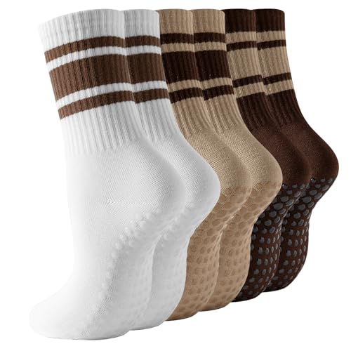 Pilates Socks with Grips for Women, 3 Pairs Womens Non Slip Grippy Yoga Ballet Barre Gym Athletic Socks