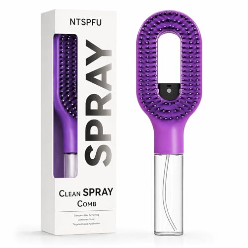 2-in-1 Manual Misting Hair Brush with Built-In Water Spray Non-Electric Detangling Brush for Wet & Dry Hair Curly Thick Hair & Kids Fine Mist Sprayer Anti-Frizz (Purple)
