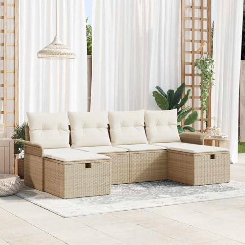 Tonture Gartensofa-Set 6-teilig, Beige/Creme Poly-Rattan, Modular,...