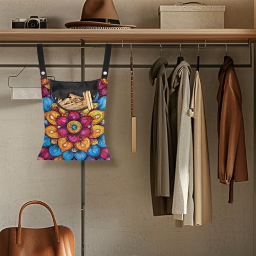 Commercial Grade Outdoor Clothespin Bag - Industrial Strength Windproof Storage Organizer - Heavy Duty Polyester Construction with Oversized Capacity Mandala Flower Print Colorful4