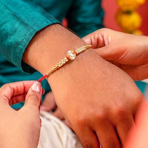 Image of Peora CZ Pearl & Crystals Studded Thread Rakhi for Brother Bhaiya | Combo Set of 3 | Raksha Bandhan Hamper with Roli Chawal & Greeting Card