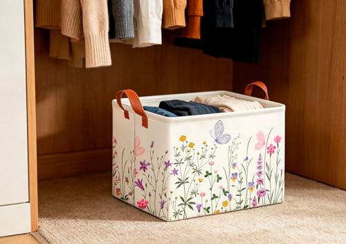 Image of CLOCOR Rectangular Storage Basket Empty,Gift Basket,Waterproof Storage Bin with Handles,Room Decor(Flower)