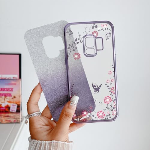 Image of Galaxy S9 Case, Gradual Change Glitter Crystal Soft TPU Stylish Butterfly Floral Heart Clear Protective Cover with Strap (Purple)