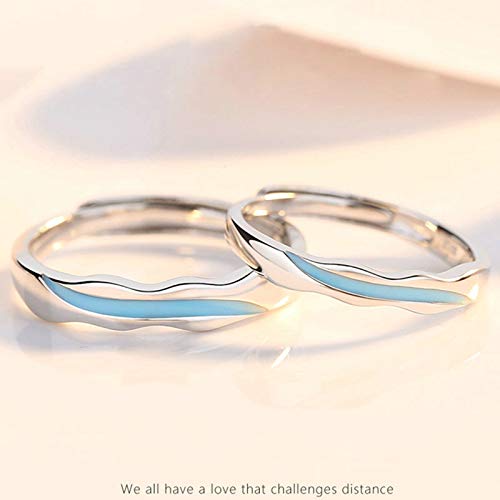 Bague de mariage couple argent réglable alliance vague bleue - 4