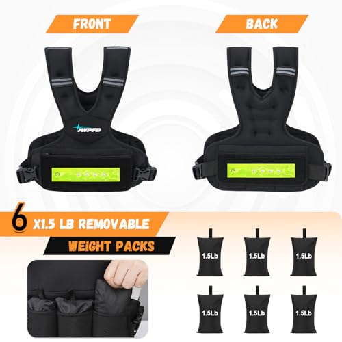 Adjustable Weighted Vest for Women Men, 6-15lbs Rucking Vest with LED Light Strips, Weight Vest with 6 Ironsand Weights, and Zipper Pocket for Strength Training, Walking, Running Black