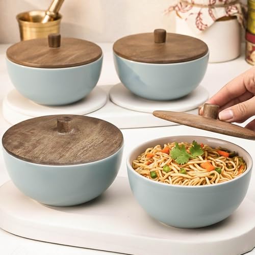 Image of The Earth Store Grey Mellow Ceramic Bowl Set of 4 - 450ML Each with Nob Wooden Lid | Mixing Bowls for Snacks, Rice, Dal, Fruits, Salad Microwave Safe Bowl with Lid Perfect Gifting & Daily Use