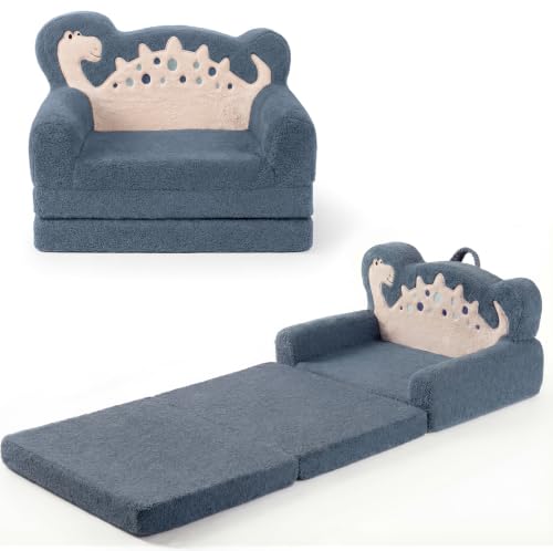 Image of Blissful Diary Kids Couch, 2-in-1 Soft Fold Out Kids Couch, Kids Sofa Chair, Comfy Kids Furniture for Playroom, Reading & Play, Blue Dinosaur | 50.8 inch Fold-Out Play Area, Supportive Foam, Washable Cover, Carry Handle, Pre-Assembled, Kid-Safe Zipper