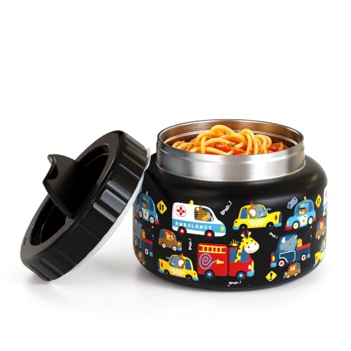 Image of PIQUEBAR 8oz Kids Thermo for Hot Food,Small Lunch Thermos Food Container Stainless Steel,Easy Open Wide Mouth Thermo for Hot Cold Food for Preschool Travel (Black Truck)