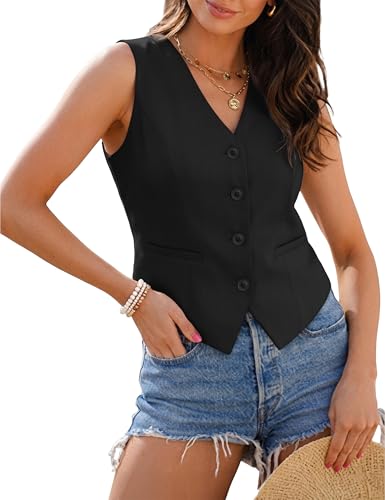 GoMamee Womens Suit Vest Waistcoat V Neck Sleeveless Blazer Top Button Down Economy Business Dressy Casual Outfits Black Large
