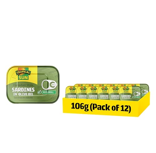Tropical Sun Canadian Style Sardines in Olive Oil 106g (Pack of 12) - Premium Quality Canned Sardines - Ready to Eat - High in Protein & Omega 3 - Perfect for Salads Pasta & Light Meals