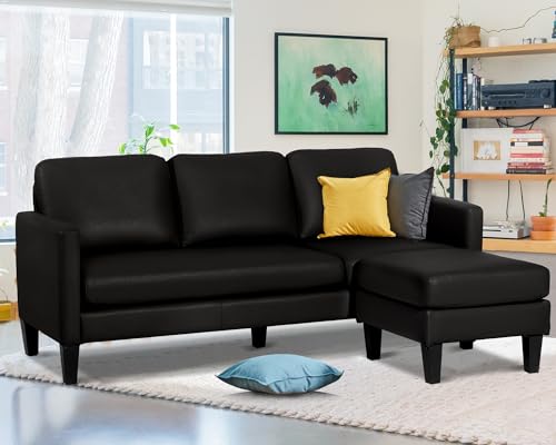 Image of Faux Leather Sectional Couch, L Shaped Sofa with 3 Seater Couch and Reversible Chaise Convertible PU Leather Comfy Couches for Living Room (Black)