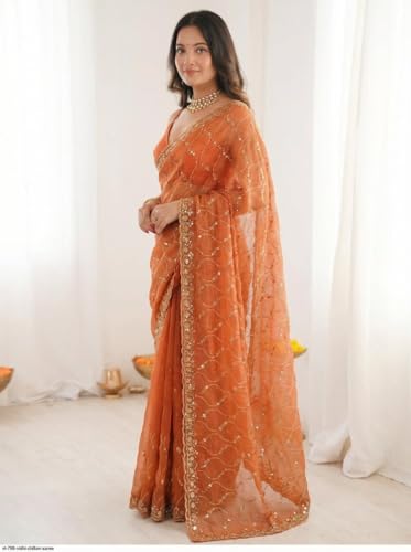 Image of ORHANS Women's Chiffon Saree with Unstitched Blouse Piece Heavy Embroidery Work | Beautiful Saree for Women | Traditional Indian Sari Stylish | Fashionable Saree Modern Design