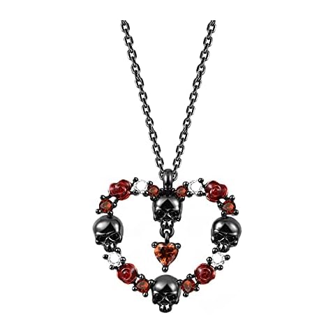Gnoce Rose & Skull Necklace 925 Sterling Silver Black Plated Heart Necklace With Red Stone Adjustable Chain Necklace Jewelry Gift for Women Girls Wife Daughter Cover
