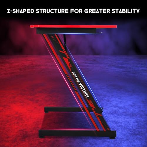 Image of 39 Inch Z-Shaped Computer Desk with Headset Hook - Ergonomic Small Gaming Table, MDF Desktop and Metal Frame, Red