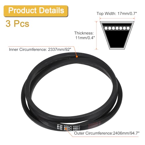 Image of uxcell 3 Pack B92 Classic Wrapped V-Belt, 95 inch Outside Circumference Wrapped Industrial Rubber V-Belt B Profile V-Belt for Industrial Machinery Equipment, Black