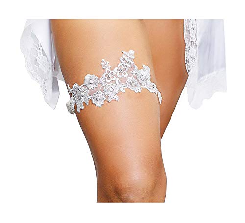 LR Bridal Ivory Floral Lace Wedding Bridal Garter with Rhinestone for Brides