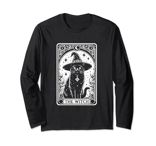 The Witch Cat Halloween Vintage Gothic Tarocchi Maglia a Manica