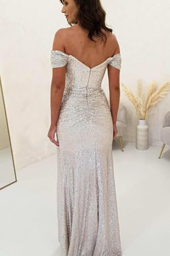 Sparkly Sequin Prom Dresses Long with Slit Off The Shoulder Bridesmaid Dress Pleated Evening Formal Gowns2