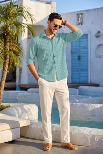 Image of FINIVO FASHION Men's Casual Cotton Plain Button Down Shirt Long Sleeve Textured Summer Beach Shirt for Men Turquise