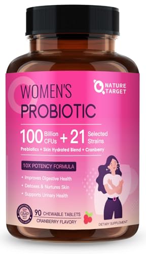 Probiotics for Women Digestive Health, Vaginal Probiotics with D-Mannose & Cranberry, 100 Billion CFUs for Skin, Urinary and Gut Health, Immune Support, No Refrigeration, 90 Tablets (45 Day Supply)