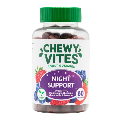Chewy Vites Adult Night Support 60 Non-Melatonin Gummies with 5-HTP Magnesium Theanine Chamomile Lavender Herbal Night Time Gummies 1 Months Supply Berries Flavour