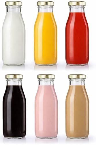 Image of 300ml Glass Bottles with Lids, Clear, 6 Pack, Easy‑Pour Neck, Dishwasher Safe, Fridge Safe