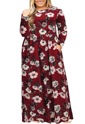Image of Nemidor Plus Size Maxi Dress for Curvy Women Fall Casual Loose Long Sleeve Dresses with Pocket 14-26
