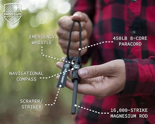 Swiss Safe 5-in-1 Magnesium Ferro Rod Fire Starter Survival Tool - Flint & Steel Striker, Compass, Paracord & Whistle - Emergency Kit for Backpacking, Camping, Hiking - All-Weather - Image 5