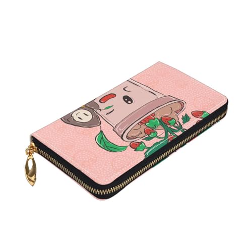 Leather Women Wallets, Long Credit Card Holder, Sunflower seeds and strawberries Print Billfold Clutch & Travel Purse Large Capacity3