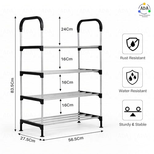 Image of ADA Premium Multipurpose Shoe Rack | 4-Tier Shoe Storage Organizer, Compact Space Saver, Sturdy & Durable Rack for Entryway, Living Room, Bedroom & Closet - Black & Grey