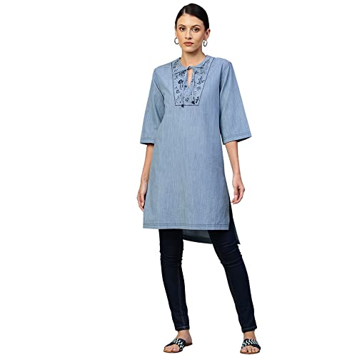 Image of Chemistry Women's Blue Cotton Ice Wash Denim Embroidered Yoke Kurta | Premium 100% Cotton Fabric | Trendy and Stylish | Intricate Embroidery Details | Regular Fit and Versatile | Elevate Your Ethnic Wardrobe